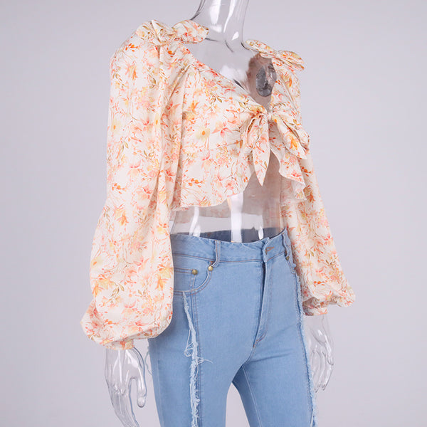 Cropped Floral Shirt! Long Sleeve Crop Tops Printed Shirt with Puffy Sleeves Celebrity Fashion 2112 - KellyModa Store
