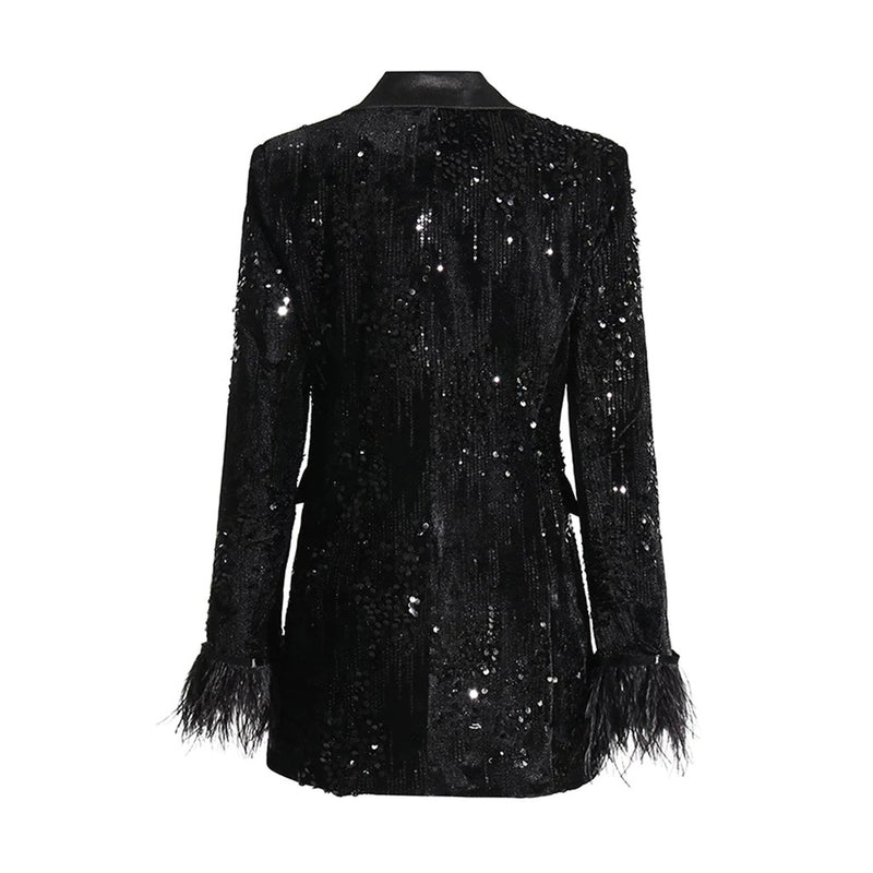 Black Shine Blingbling Sequins Blazer Dress with Feathers! Clubwear Event Fashion Lady Dress 2304