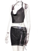 Blingbling Metallic Halter Crop Top and skirt! Vest Top and Skirt 2-piece Set, Sexy Hot ClubWear 2210