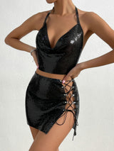 Blingbling Metallic Halter Crop Top and skirt! Vest Top and Skirt 2-piece Set, Sexy Hot ClubWear 2210