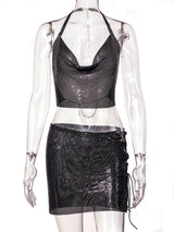 Blingbling Metallic Halter Crop Top and skirt! Vest Top and Skirt 2-piece Set, Sexy Hot ClubWear 2210