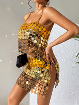 Gold Gradient Color Hand Crafted Round Plates Metal Crop Slip Top and Skirt 2-piece Set ! Sexy Hot ClubWear 2207