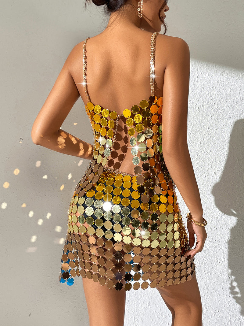 Gold Gradient Color Hand Crafted Round Plates Metal Crop Slip Top and Skirt 2-piece Set ! Sexy Hot ClubWear 2207