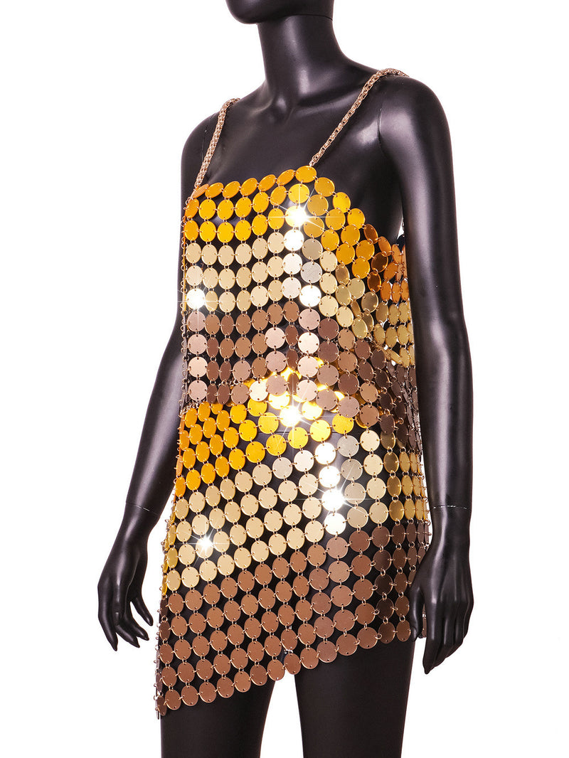 Gold Gradient Color Hand Crafted Round Plates Metal Crop Slip Top and Skirt 2-piece Set ! Sexy Hot ClubWear 2207