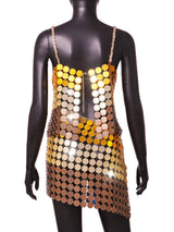 Gold Gradient Color Hand Crafted Round Plates Metal Crop Slip Top and Skirt 2-piece Set ! Sexy Hot ClubWear 2207