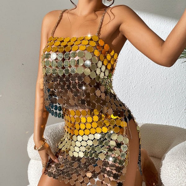 Gold Gradient Color Hand Crafted Round Plates Metal Crop Slip Top and Skirt 2-piece Set ! Sexy Hot ClubWear 2207