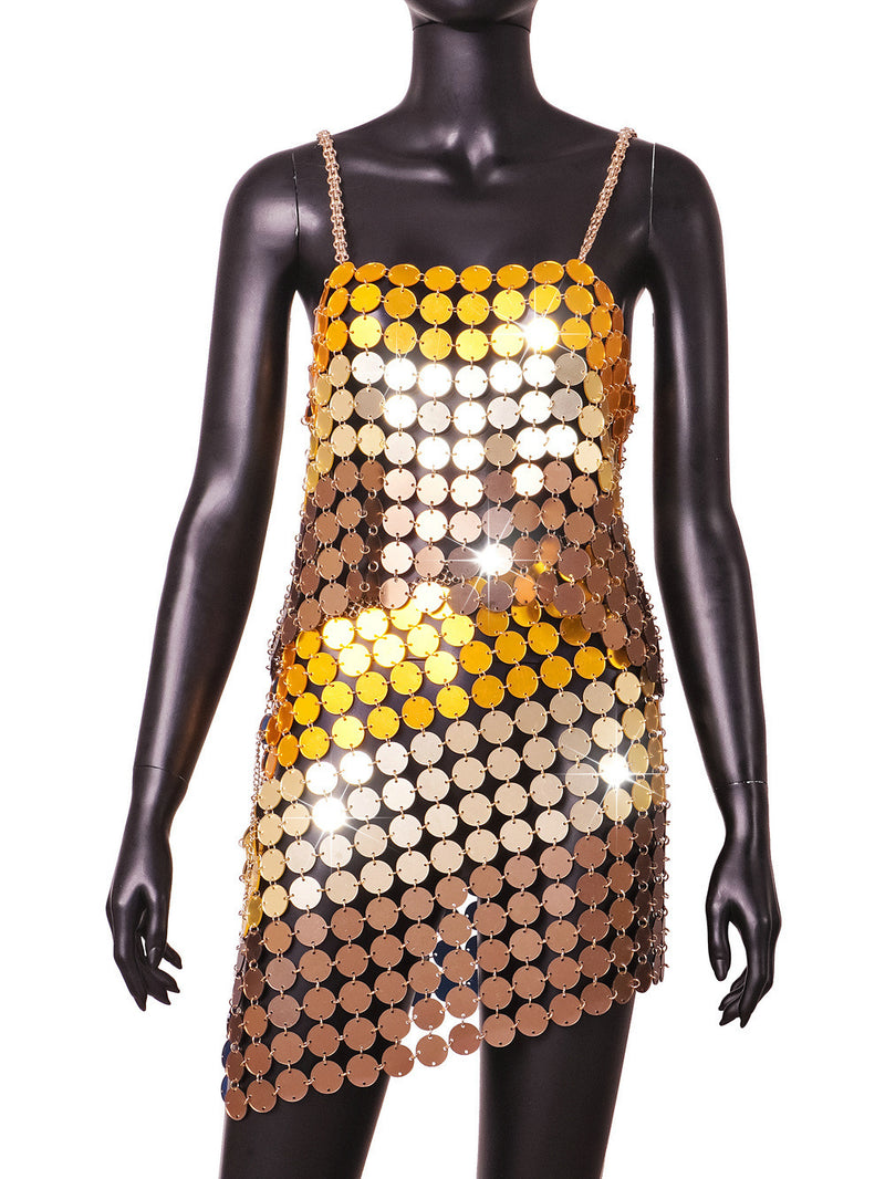 Gold Gradient Color Hand Crafted Round Plates Metal Crop Slip Top and Skirt 2-piece Set ! Sexy Hot ClubWear 2207