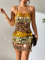 Gold Gradient Color Hand Crafted Round Plates Metal Crop Slip Top and Skirt 2-piece Set ! Sexy Hot ClubWear 2207