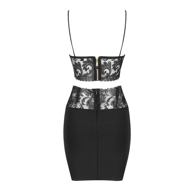 Black Lace! See-through Crop Top and Skirt 2 Piece set! Slim Fitting Celebrity Fashion 2204