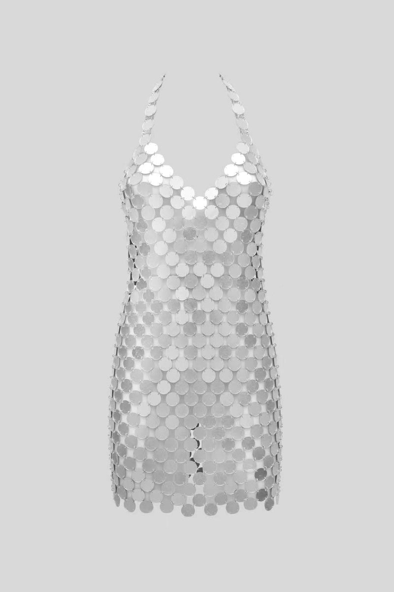 Shine Hand Crafted Round Plates Metal slip Dress ! Sexy Body Jewelry Dress Hot ClubWear 2205