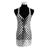 Shine Hand Crafted Round Plates Metal slip Dress ! Sexy Body Jewelry Dress Hot ClubWear 2205