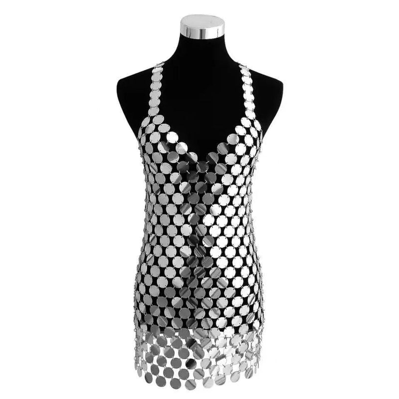 Shine Hand Crafted Round Plates Metal slip Dress ! Sexy Body Jewelry Dress Hot ClubWear 2205