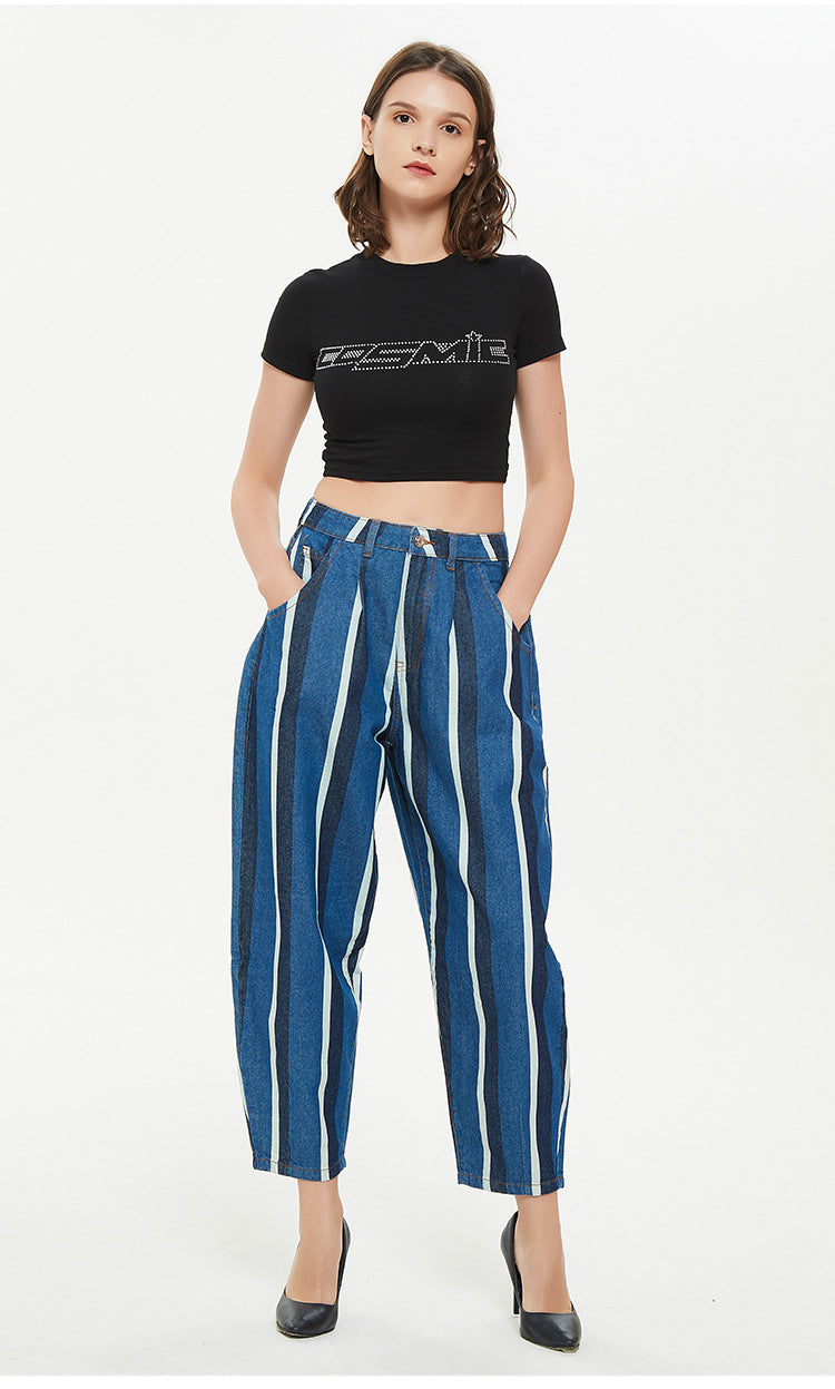 Stripes! Women Loose Fitting Harem Pants Jeans, Striped Fitting Women Jeans, Femme Bottoms, Bell Bottom - KellyModa Store