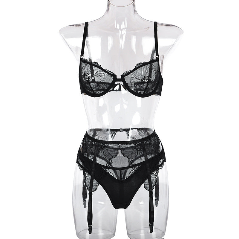 3PC Embroidered Lace Gartered & Open Cup Bra Set - Silver/White / X-Small
