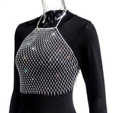 Sexy See-through Mesh Backless Halter Crop Top with Shining Rhinestones , Bikini Cover Up Tops, ClubWear - KellyModa Store