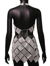 BlingBling Metallic Squares Crop Top and Skirt 2-piece Set! Shining Rhinestones 2-Piece Set, Sexy Clubwear