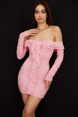 Mesh Sweet Retro Pink Ruffled Slim Fitting Dress ! Sexy Dress Hip Dress 2205