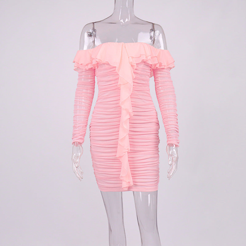 Mesh Sweet Retro Pink Ruffled Slim Fitting Dress ! Sexy Dress Hip Dress 2205