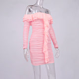 Mesh Sweet Retro Pink Ruffled Slim Fitting Dress ! Sexy Dress Hip Dress 2205