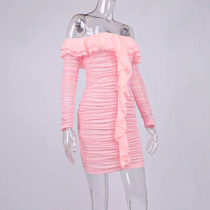 Mesh Sweet Retro Pink Ruffled Slim Fitting Dress ! Sexy Dress Hip Dress 2205