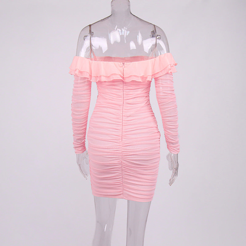 Mesh Sweet Retro Pink Ruffled Slim Fitting Dress ! Sexy Dress Hip Dress 2205