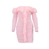 Mesh Sweet Retro Pink Ruffled Slim Fitting Dress ! Sexy Dress Hip Dress 2205