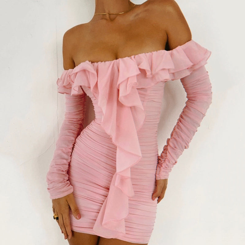 Mesh Sweet Retro Pink Ruffled Slim Fitting Dress ! Sexy Dress Hip Dress 2205