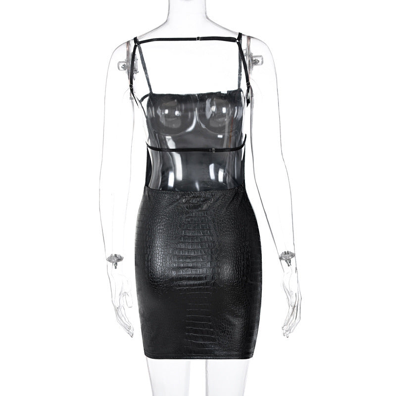 Spaghetti Strap Slim Fitting Vegan Patent PU Leather Backless Slip Dress! Sexy Night Club Dress fashion 2301