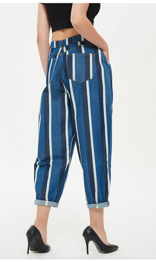 Stripes! Women Loose Fitting Harem Pants Jeans, Striped Fitting Women Jeans, Femme Bottoms, Bell Bottom - KellyModa Store