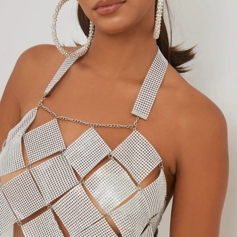 BlingBling Metallic Squares Crop Top and Skirt 2-piece Set! Shining Rhinestones 2-Piece Set, Sexy Clubwear