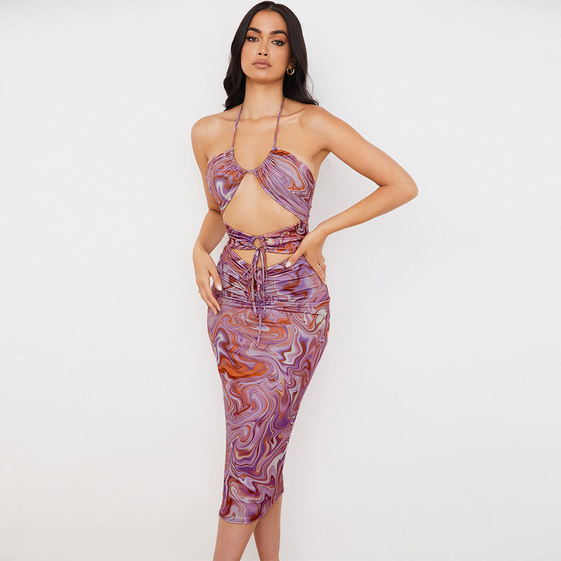 Purple Printed Slim-Fitting Backless Halter Dress! Casual Cut Out Dress Sexy Sun Dress 2112 - KellyModa Store