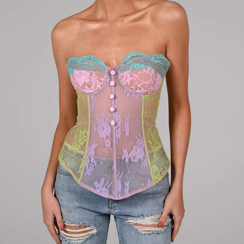 Embroidered Sexy Mesh Lace Strapless Top! Cropped Top See-through Cyber Celebrity Fashion 2112 - KellyModa Store