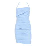 Blue Wrinkled Backless Sexy Halter Bodycon Dress! Sexy Night Dress Celebrity Fashion 2111 - KellyModa Store