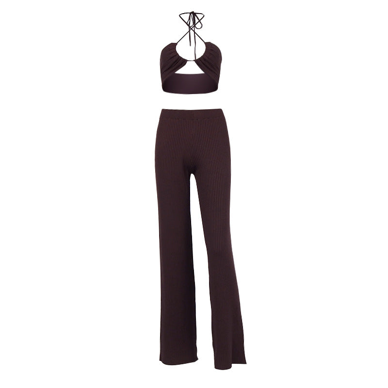 Sexy Knitted Halter Crop Top and Wide Leg Pants 2-piece Set! Sexy Knitwear Bra Celebrity Fashion 2111 - KellyModa Store