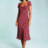 Retro Rose Printed Midi Casual Floral Dress! Casual Style Dress Designer Fashion 2205