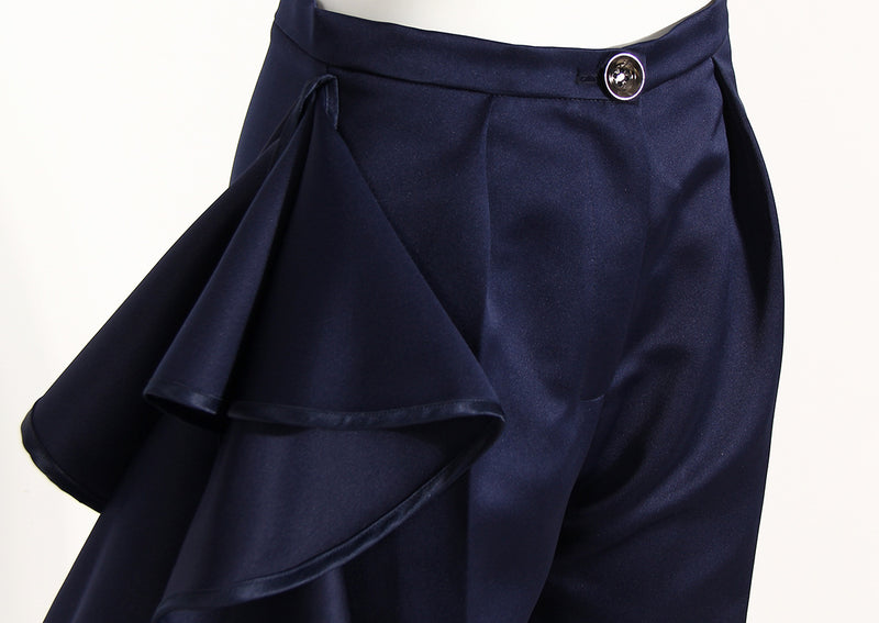 Skirt Like Asymmetric Wide Leg Pants! Navy Color Big Ruffled Pants Femme Bottoms