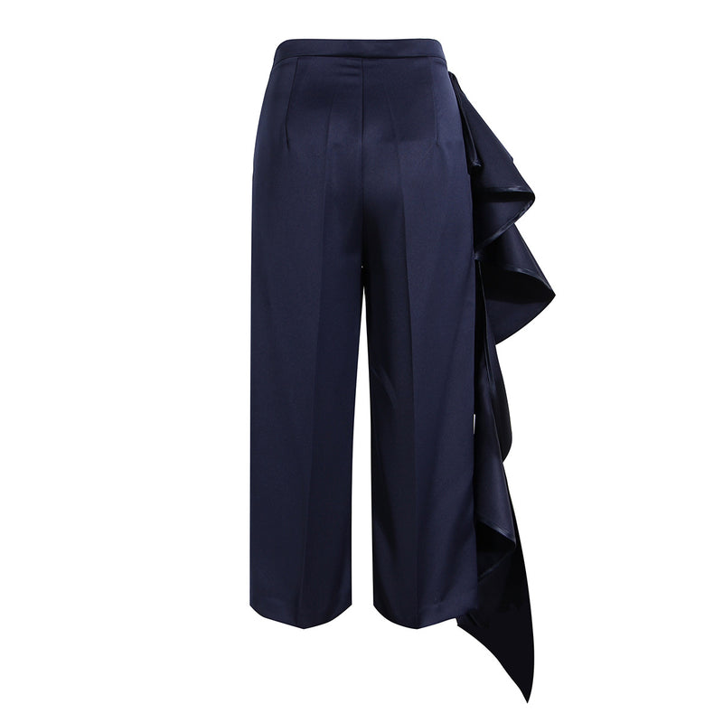 Skirt Like Asymmetric Wide Leg Pants! Navy Color Big Ruffled Pants Femme Bottoms