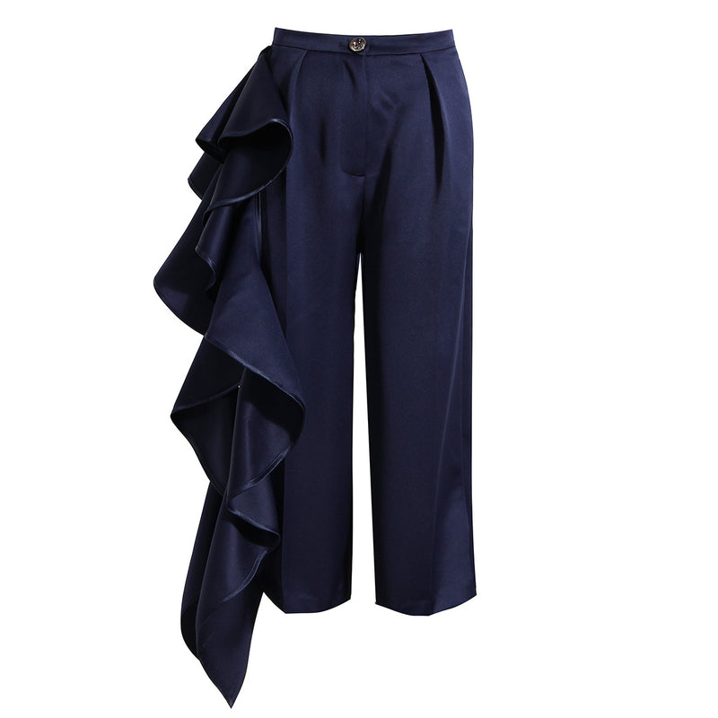 Skirt Like Asymmetric Wide Leg Pants! Navy Color Big Ruffled Pants Femme Bottoms