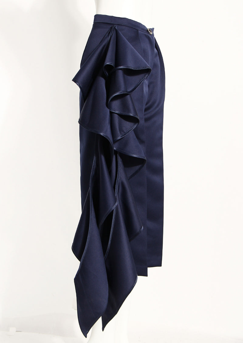 Skirt Like Asymmetric Wide Leg Pants! Navy Color Big Ruffled Pants Femme Bottoms