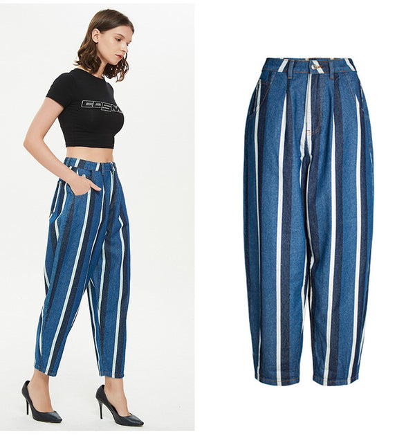 Stripes! Women Loose Fitting Harem Pants Jeans, Striped Fitting Women Jeans, Femme Bottoms, Bell Bottom - KellyModa Store