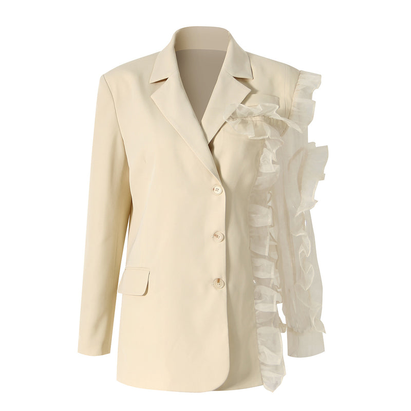 Asymmetrical Lace Trim Ruffled! Designer Blazer Top Jacket! Blazer Office Fashion 2205