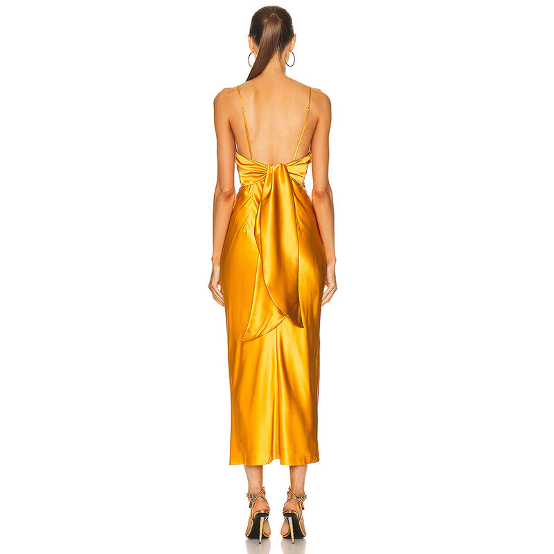 Gold Goddess's Choice! Shining Gold Color Luxury Event Long Slip Backless Dress! Event Dress 2211