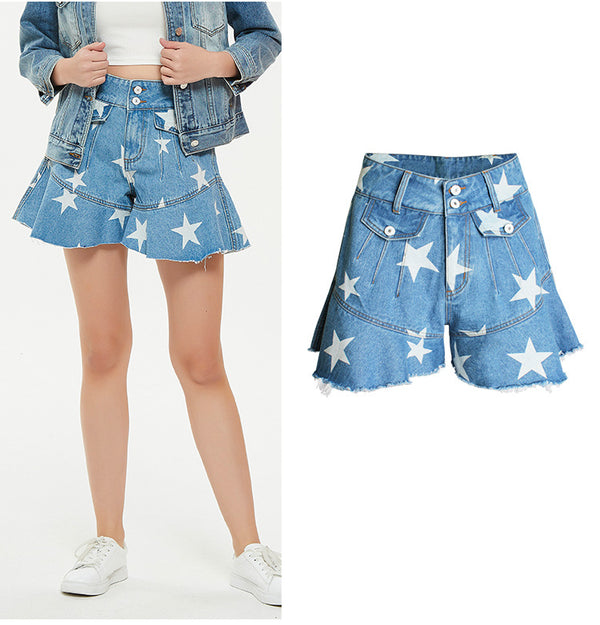 Stars! Printed Blue Jeans Shorts, Denim Shorts, Bottoms, Women Jeans, Femme Bottoms, Hot Pants - KellyModa Store