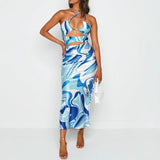 Blue Stripes Pattern Printed Sexy Halter Dress!  Sexy Club Wear Celebrity Fashion 2111 - KellyModa Store