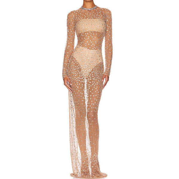 Amazing Hand Crafted Blingbling Goddess's Long Mesh Dress! Shining See-through Luxury Event Long Slip Backless Dress! Event Dress 2304