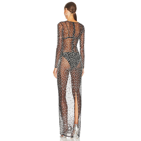 Amazing Hand Crafted Blingbling Goddess's Long Mesh Dress! Shining See-through Luxury Event Long Slip Backless Dress! Event Dress 2304