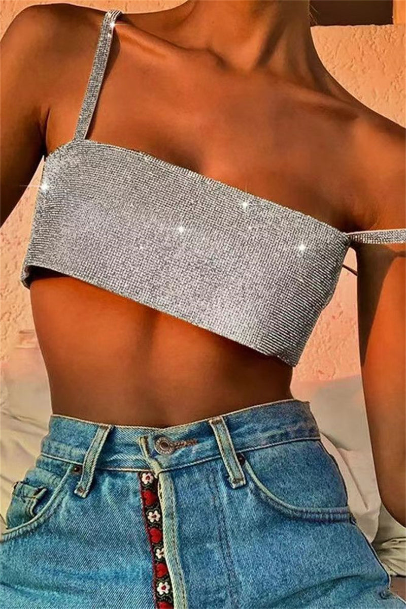 Minimal Shine Sexy Crop Top with Flicker Rhinestones Fabric , Shining Tank Tops