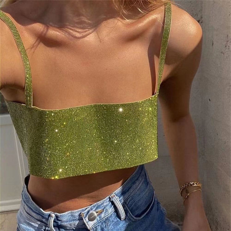 Minimal Shine Sexy Crop Top with Flicker Rhinestones Fabric , Shining Tank Tops