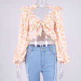 Cropped Floral Shirt! Long Sleeve Crop Tops Printed Shirt with Puffy Sleeves Celebrity Fashion 2112 - KellyModa Store