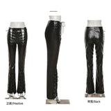 Laced-up Slim Fitting Patent Vegan PU Leather straight Leg Pants! Sexy  Fashion 2301